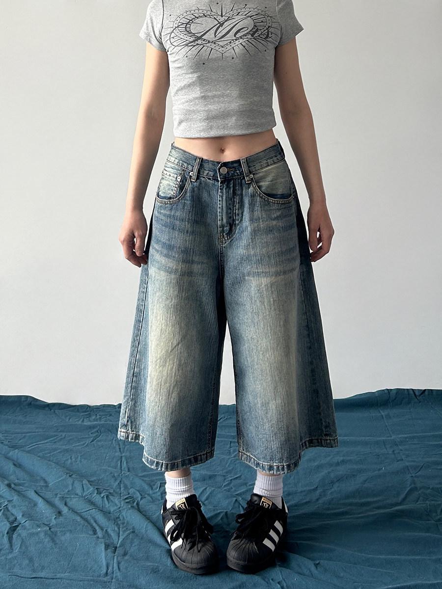 Unisex Retro Bamboo Denim Shorts: Trendy, Wide-Leg Cropped Pants for Summer XXXL синий