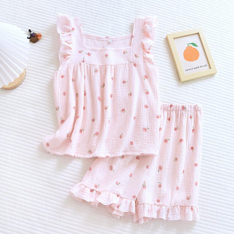 Summer, Flounce Shorts, Cotton Suspenders, Pajamas, Women's Summer Home Clothes, Two-piece Suit, Summer
