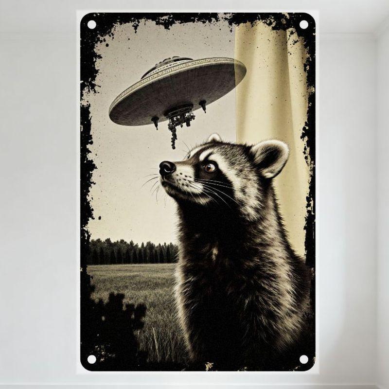 

Vintage Raccoon UFO Metal Tin Sign, Retro Distressed Alien Poster Wall Decor for Home Man Cave Bar Garden Decor 20x30cm（7.8x11.8inch）