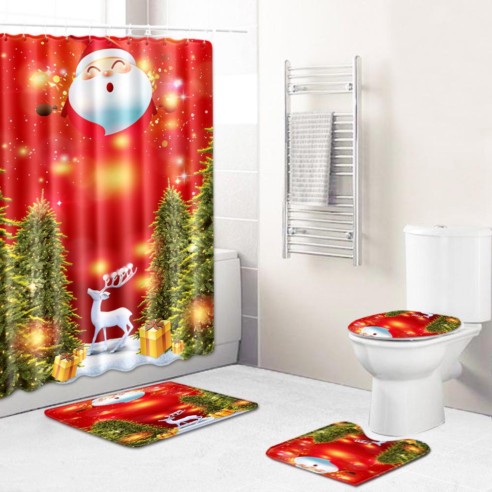 Christmas Waterproof Shower Curtain Floor Mat Four-Piece Set, Bathroom Water-Absorbing Non-Slip Door Mat, Shower Room Water-Absorbing Carpet