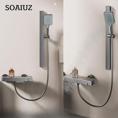 Grey Simple Thermostatic Shower Set Wall Mounted Single Function Rainlfall Pressurized Space Aluminum Bathroom Shower System Set