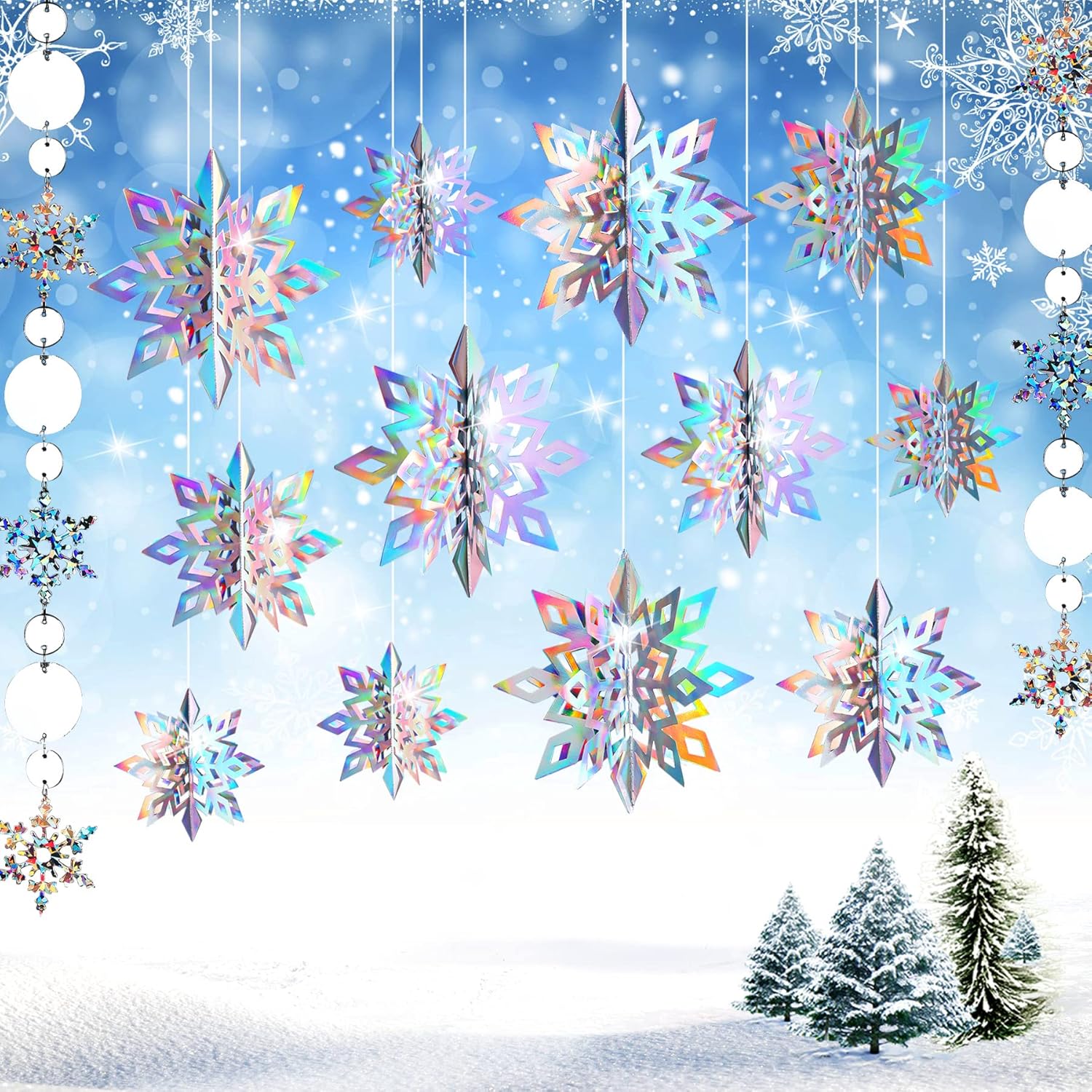 JULMELON 15Pcs Frozen 3D Hanging Snowflakes Decorations, Holographic Snowflakes Garland Silver Snowflakes for Winter Wonderland Decorations Frozen
