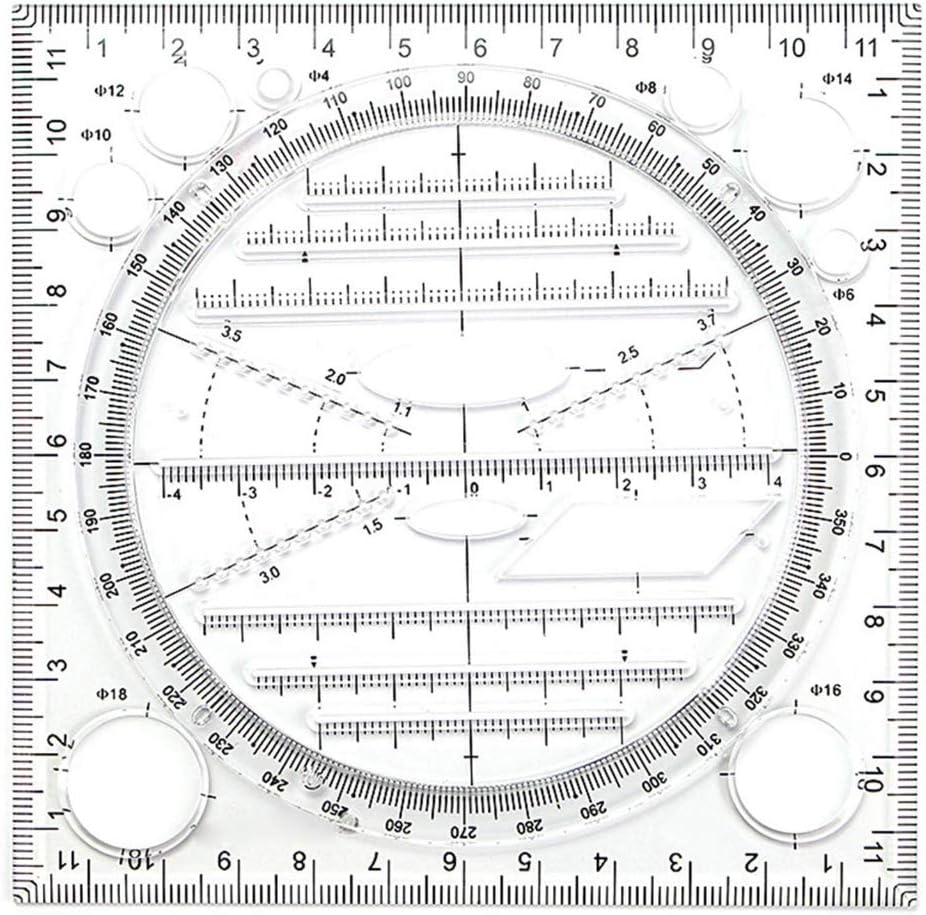 Multifunctional Drawing Ruler 360 Degree Angle and Circle Drawing Stencil Geometric Drawing Template Measuring Ruler