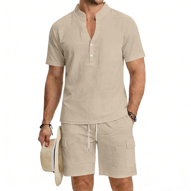 Spring and Summer New Men's Casual Henry Shirt Top Shorts Sports Suit