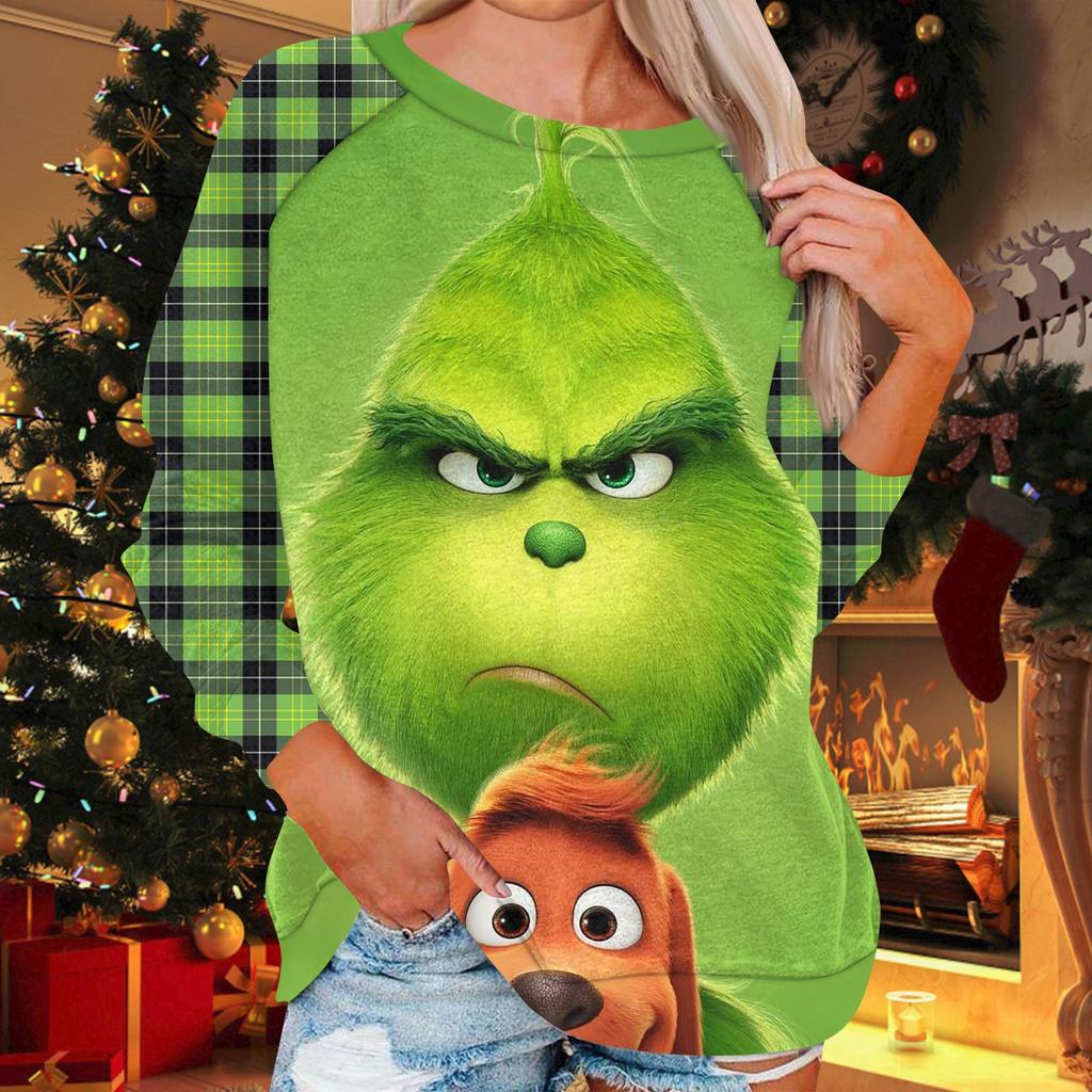 Damenmode, lässig, Rundhalsausschnitt, Langarm, Weihnachtsdruck, Raglanärmel, Sweatshirt-Oberteil