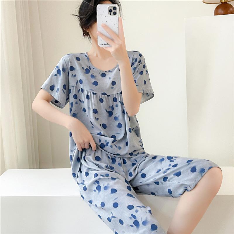 New cotton and silk pajamas women's summer thin two-piece set short-sleeved rayon cotton silk cute loose large size loungewear