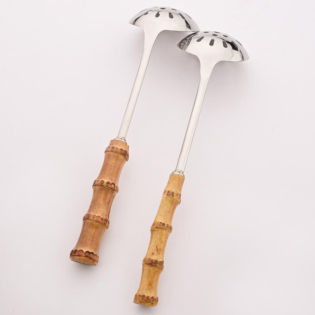 2Pcs/set Bamboo Wooden Handle Big Leaky Spoon Stainless Steel Tableware Long Handle Serving Spoon Fork Kitchen Cutlery Set