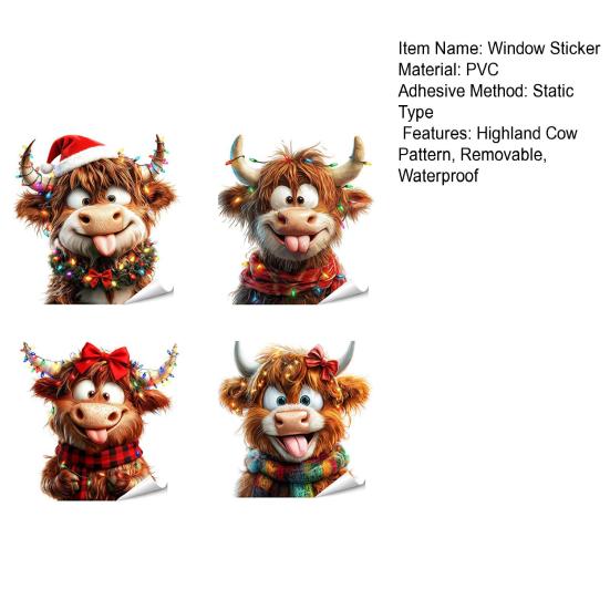 4Pcs/Set Christmas Highland Cow Window Cling Removable Waterproof Santa Hat Highland Cattle Static Glass Sticker Holiday Party Decoration Decal