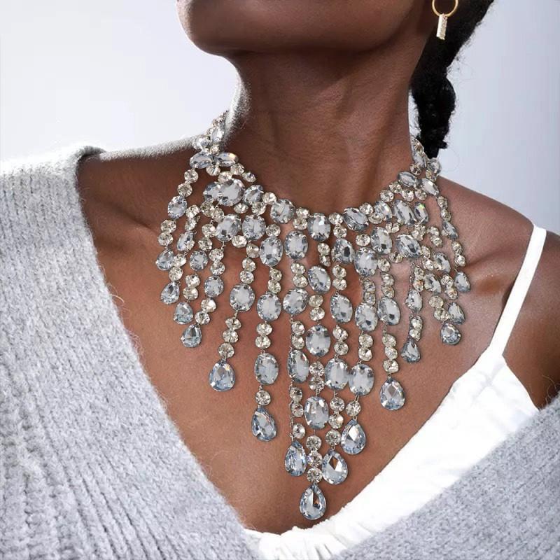 Layered Waterfall Rhinestone Necklace Women Bold Geometric Drop Pendant Chain In Gold Gunmetal