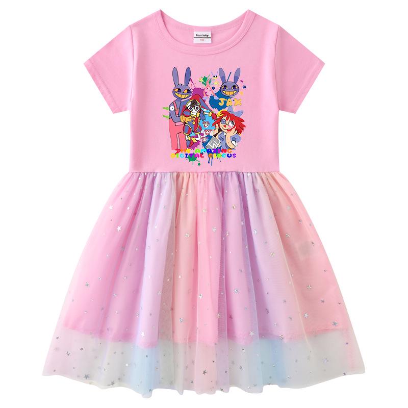 Korean Style Kids' Spring-Autumn Dress: Long Sleeve, Rainbow Star Sequins, Mesh Pleated Princess Design