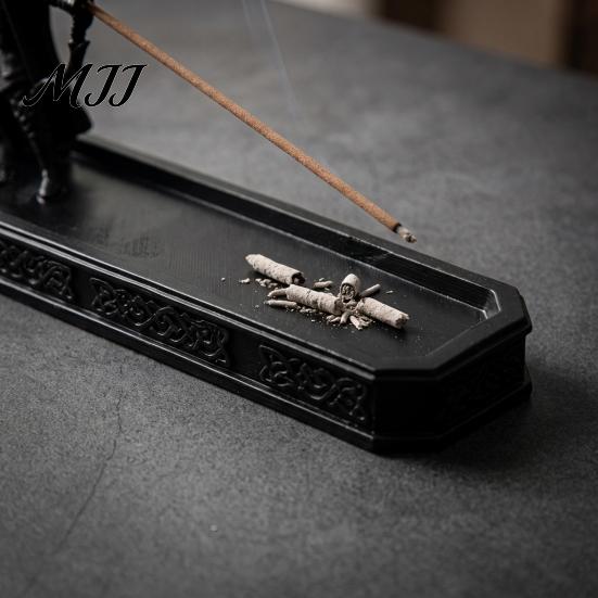 Fantasy Themed Office Desk Decor Incense Holder with Catch Tray, Archer Warrior Figurine Burner, 3D Printed Matte Black Resin Decorative Stick