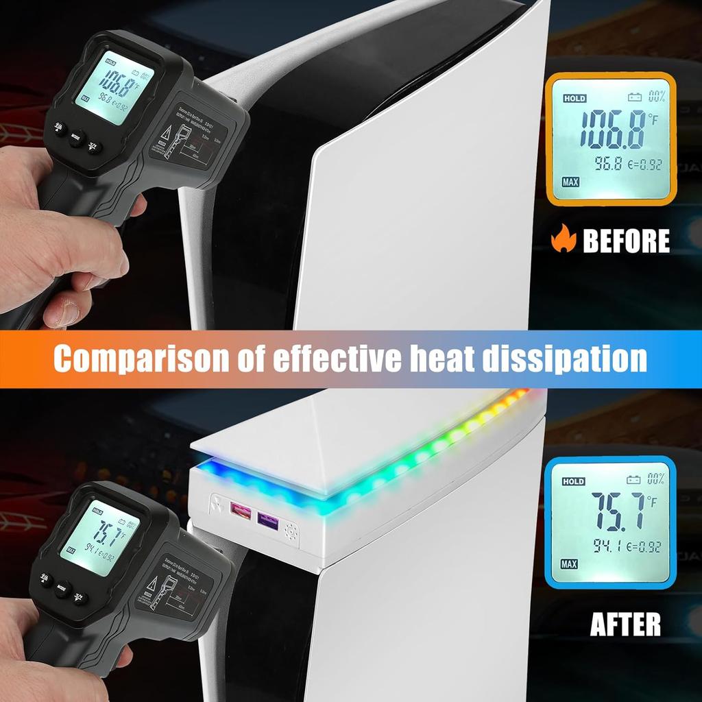 Console Cooling Fan with Dust Cover Colorful LED Light for PS5 Console Disc Edition & Digital Edition Silent Absorb Fan Cooler with 2 USB Port