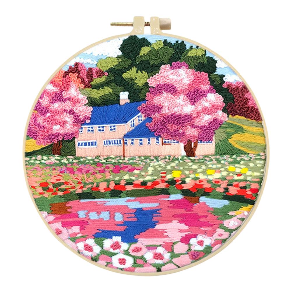 Landscape Stamped Cross Stitch Embroidery Kits with Hoop Cloth Color Thread