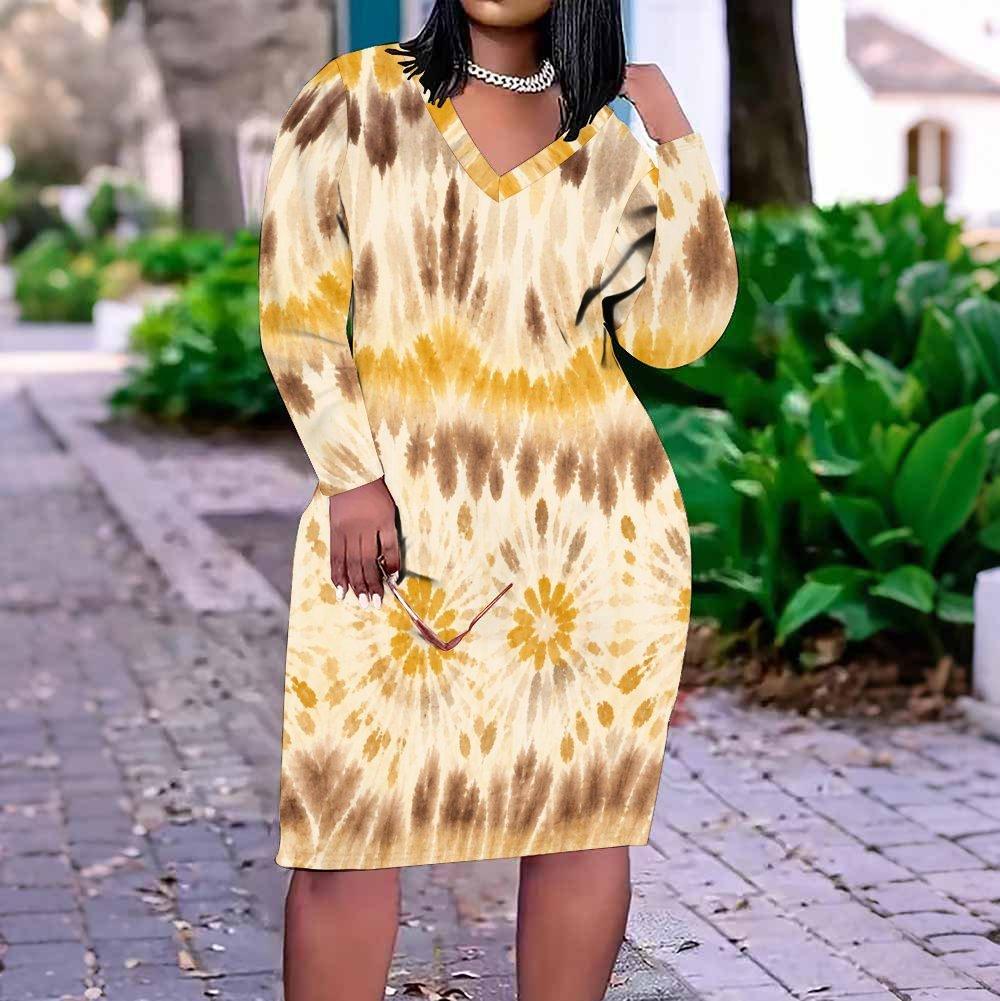 Women Plus Size V Neck Long Sleeve Yellow Brown Tie Dye Printed Straight Midi Dress