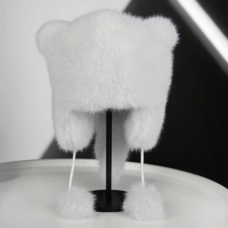 Thickened Winter Hats for Women Keep Warm Cute Faux Fur Raccoon Tail Plush Hat Hat Winter Warm Brim Cap with Tail Cute Cat Ears Fur Bomber Hats
