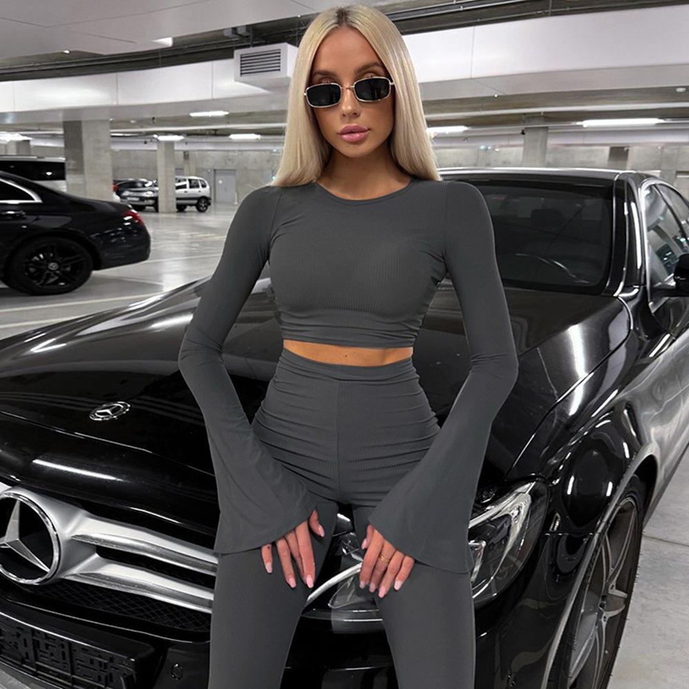 2024 European & American Slim-Fit Sports Set: High-Waisted Flared Pants & Long-Sleeve Top for Women