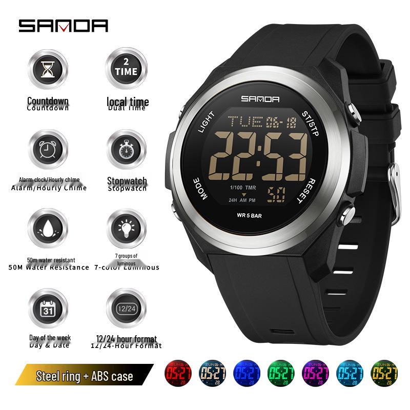 Sanda Unisex Student Party Watch: Colorful Lights, Multi-functional, Waterproof Sports Electronic Watch