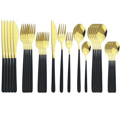 30Piece Mirror Black Gold Cutlery Set 304 Stainless Steel Dinnerware Silverware Flatware Set Dinner Knife Fork Gold Spoon Set