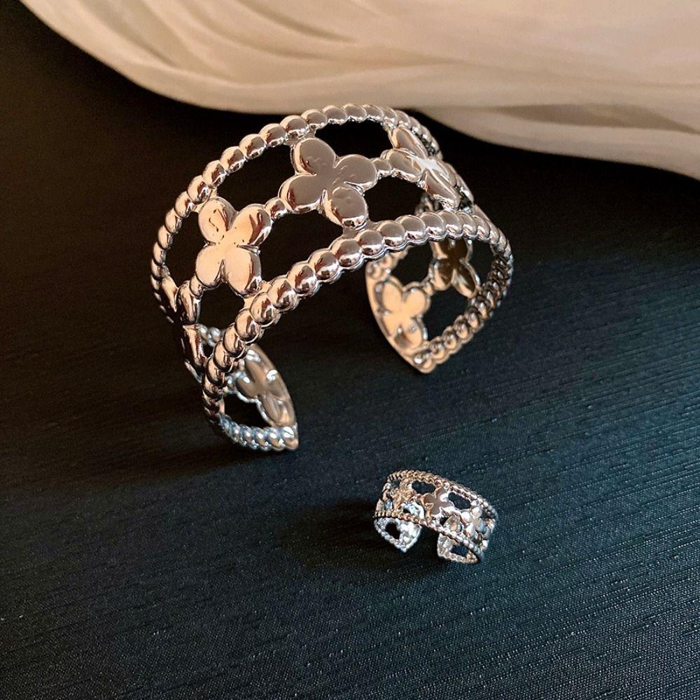 Gold/silver Hollow Flower Bangle Clover Shaped Open Bracelet Flower Cuff Bangle  Party