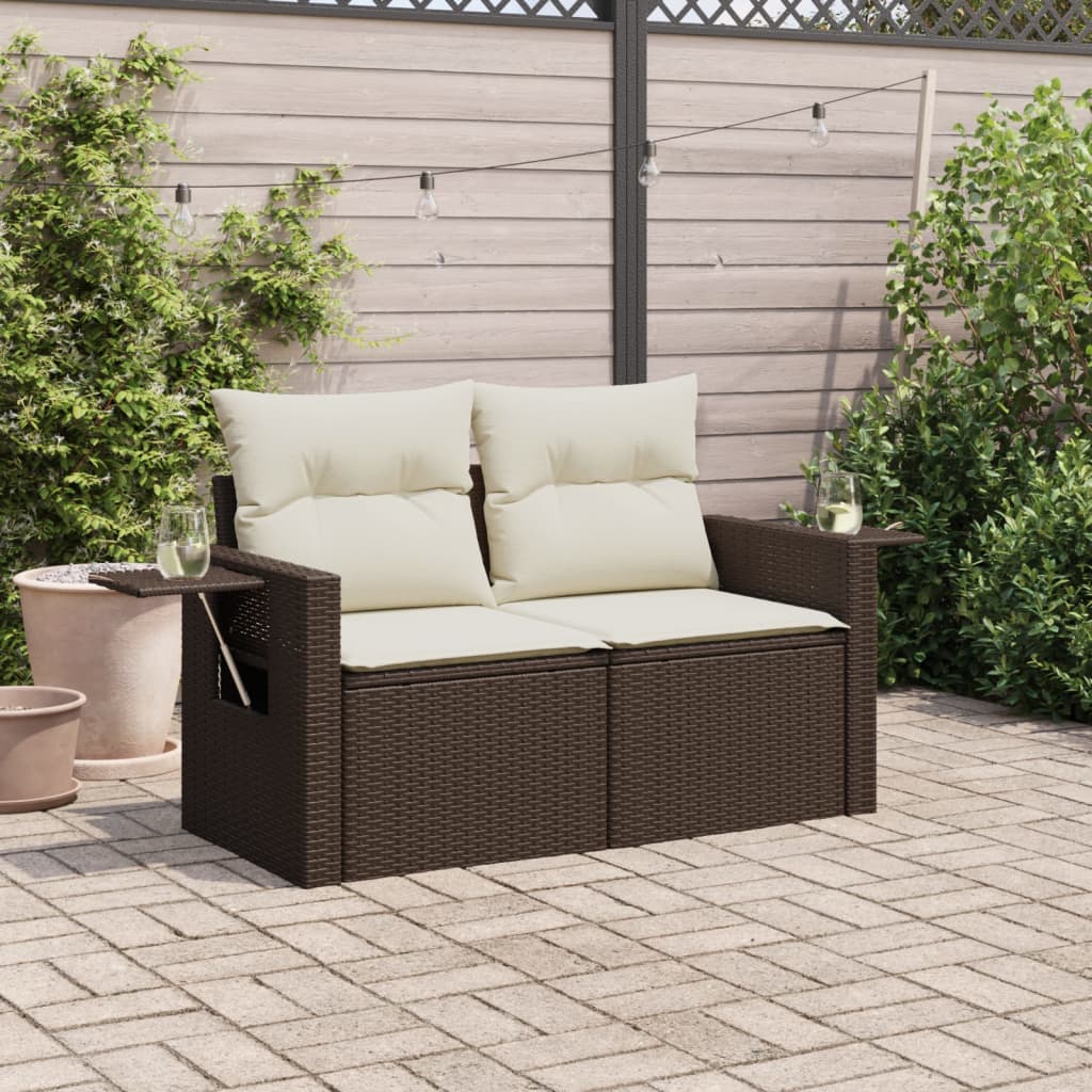 Garden Sofa with Cushions 2 Seater Brown Poly Rattan