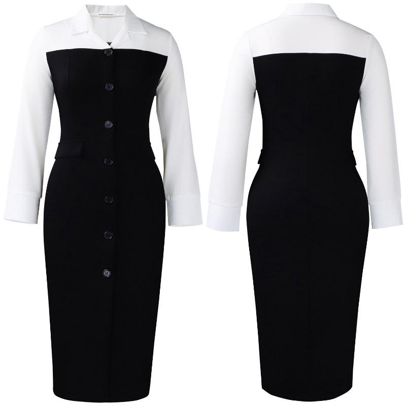 Women Elegant Business Long Sleeve Blazer Collar Patchwork Pencil Midi Dress