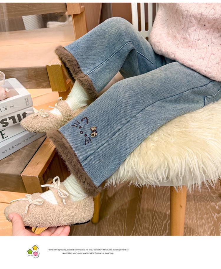 Flickors fleecefodrade kattbyxor: Vinter 2025 Raka Jeans