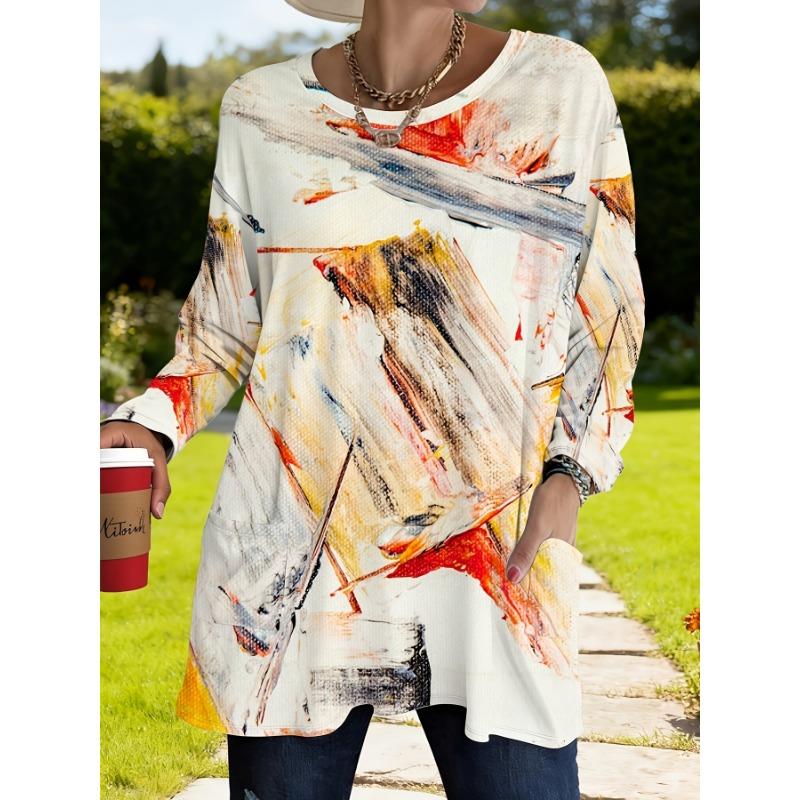 Abstract oil painting brushstroke art long-sleeved plus size women s T-shirt double pocket round neck niche trendy cool design top S