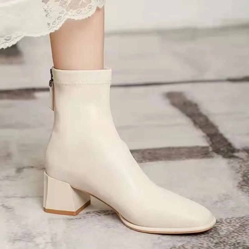 Women Outdoor Square Toe Ankle Boots Women Comfortable Fashion Designer Shoes Mid Heels Zipper Boots Big Size Shoes For Women