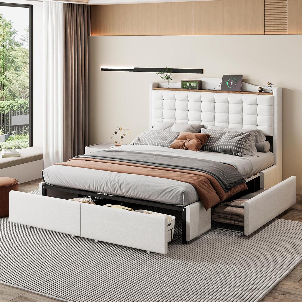 Polsterbett 160x200 cm, mit 4 Schubladen, Stauraum Bett mit USB-Anschluss, Doppelbett mit LED-Beleuchtung, PU, Grau (ohne Matratze)