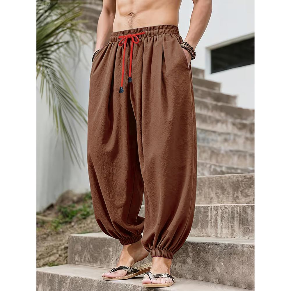 Men's Cotton Linen Wide Leg Pants Casual Loose Fit Solid Color Breathable Lightweight Elastic Waist Male Baggy Long Pants