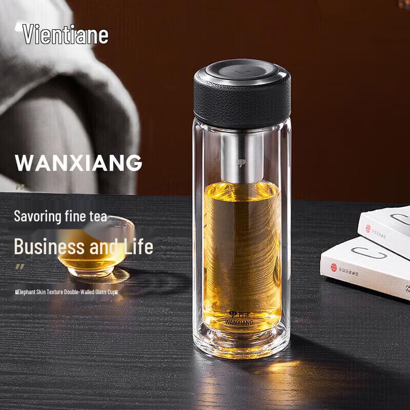 WANXIANG Classic Leather Double-Layer Glass Tea Cup (480ML)