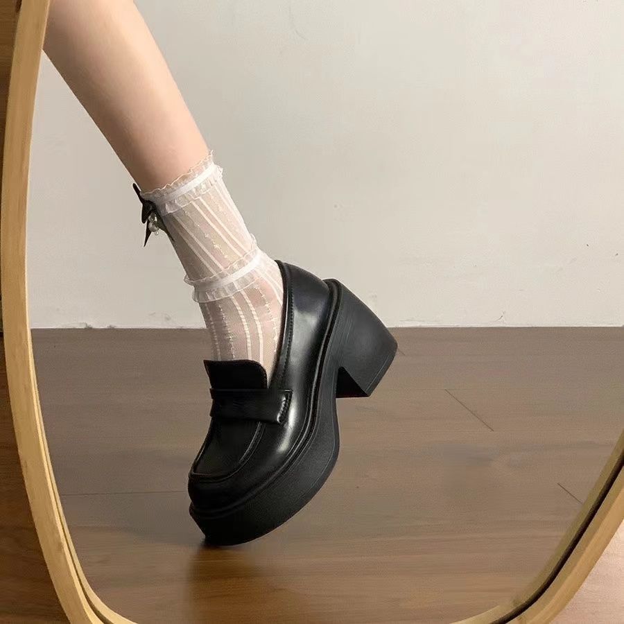 Black French loafers summer 2025 new thick heel high heel retro British style heightened platform small leather shoes women