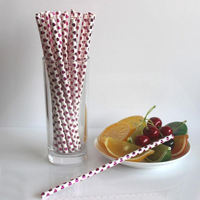 25Pcs/Bag Happy New Year Drinking Paper Straws Heart Foil Disposable Paper Staw Happy Birthday