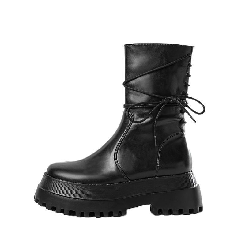 Thick-soled Martin Boots 2025 Autumn and Winter New Women's Soft Leather Spice Girls Short Boots Shorty Music Rear Lace-up Side Zipper Knight Boots