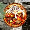 2D Flach, 1 Stück Vintage Herbst und Thanksgiving Aluminiumschild, Runde Metallwanddekoration mit Apfelkorb, Kürbis und Erntethema, Perfekt