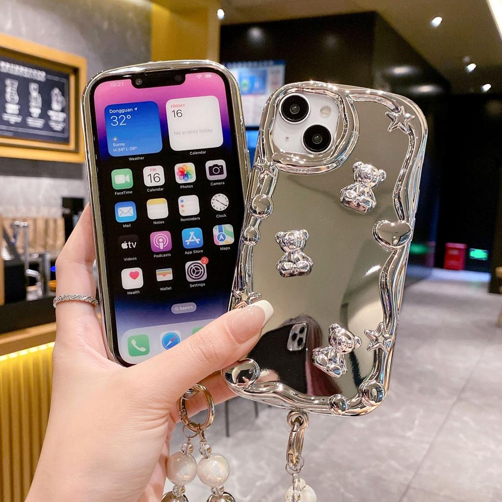 Electroplating Mirror Suitable for IPhone 16 Mobile Phone Case Love Bracelet Apple 15 Silver Bear 14 Anti Fall 13 Soft Shell
