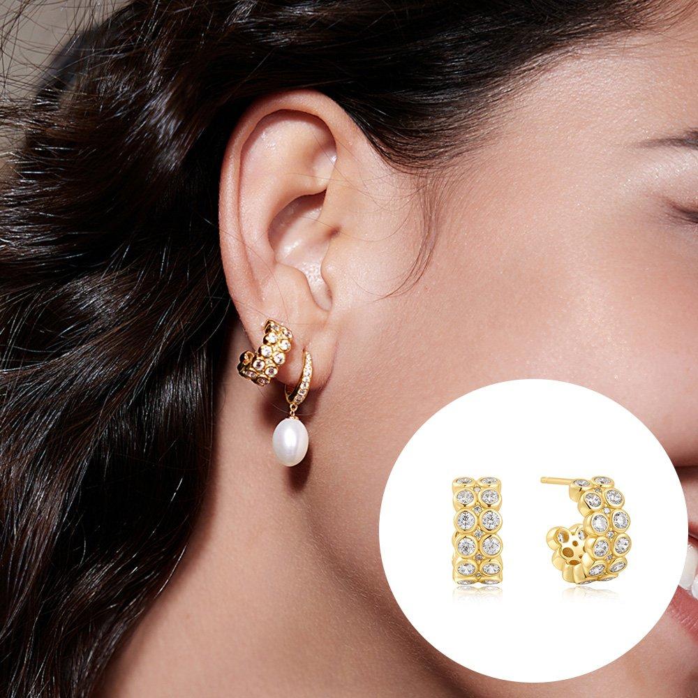 [Card Bm Wearing] White Cubic Zirconia Bezel Set Stud 925 Silver Earrings E058-04G