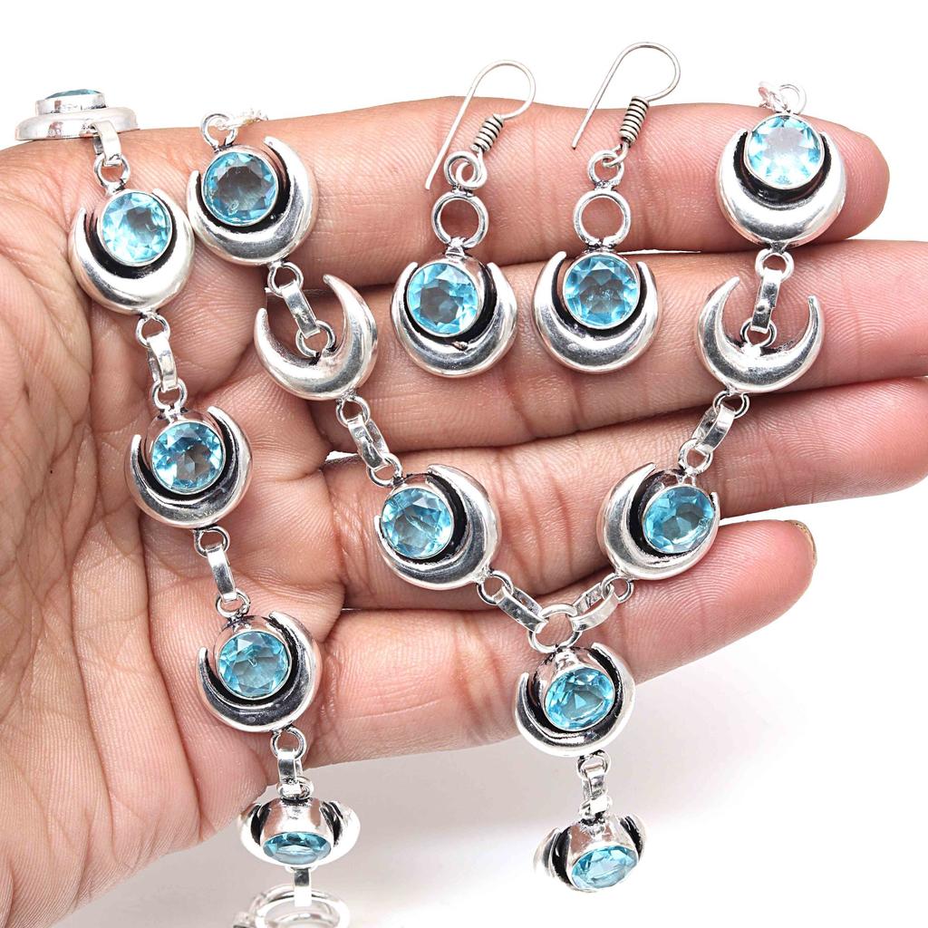 Swiss Blue Quartz Gemstone Women's Unisex Jewelry Necklace Set 18-20''