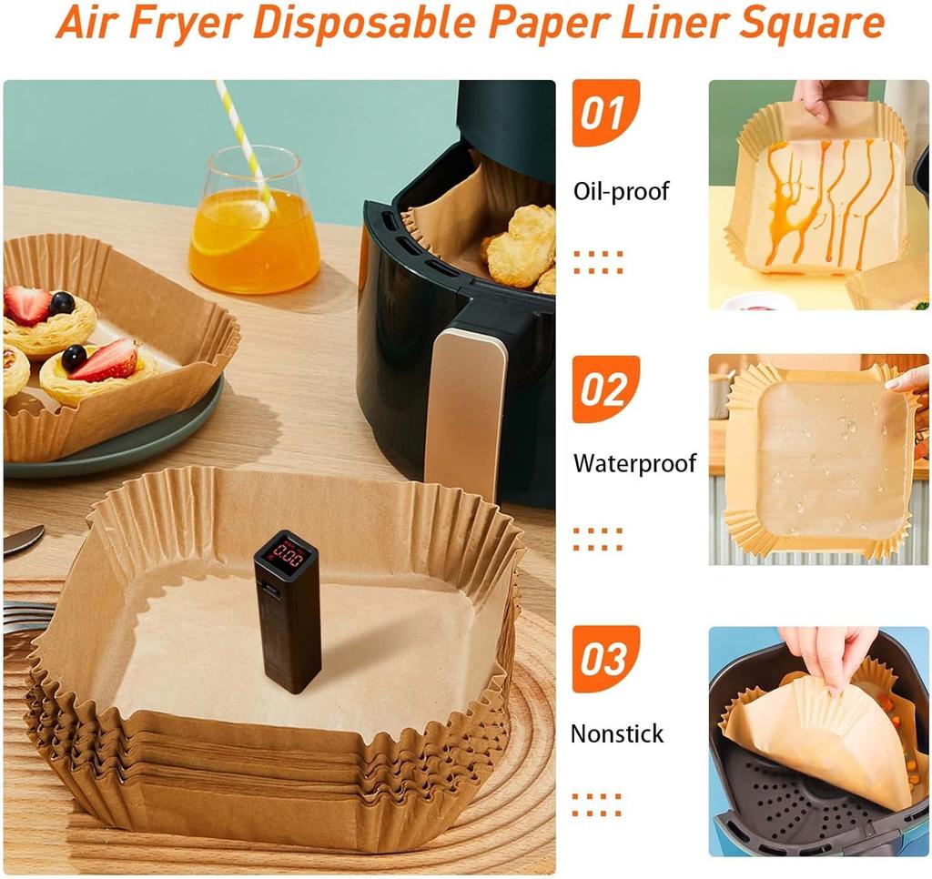 Air Fryer Backpapier 25/50/100/150 Stück für 4,5-8L/7-12L Körbe 16/20/23cm XXL Quadratische Air Fryer Zubehör für Ninja, Cosori,