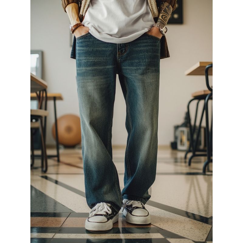 American Retro Heavy-Duty Washed Vintage Wide-Leg Jeans for Men, Spring and Autumn Pants, Foreign Trade Men's Loose Casual Long Pants