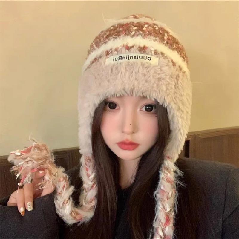 Maillard Wool Hat for Women with Winter Face Showing Small Thickened Warm Braids Ear Protection Hats with Cold Protection Versatile Plush Knit Hats