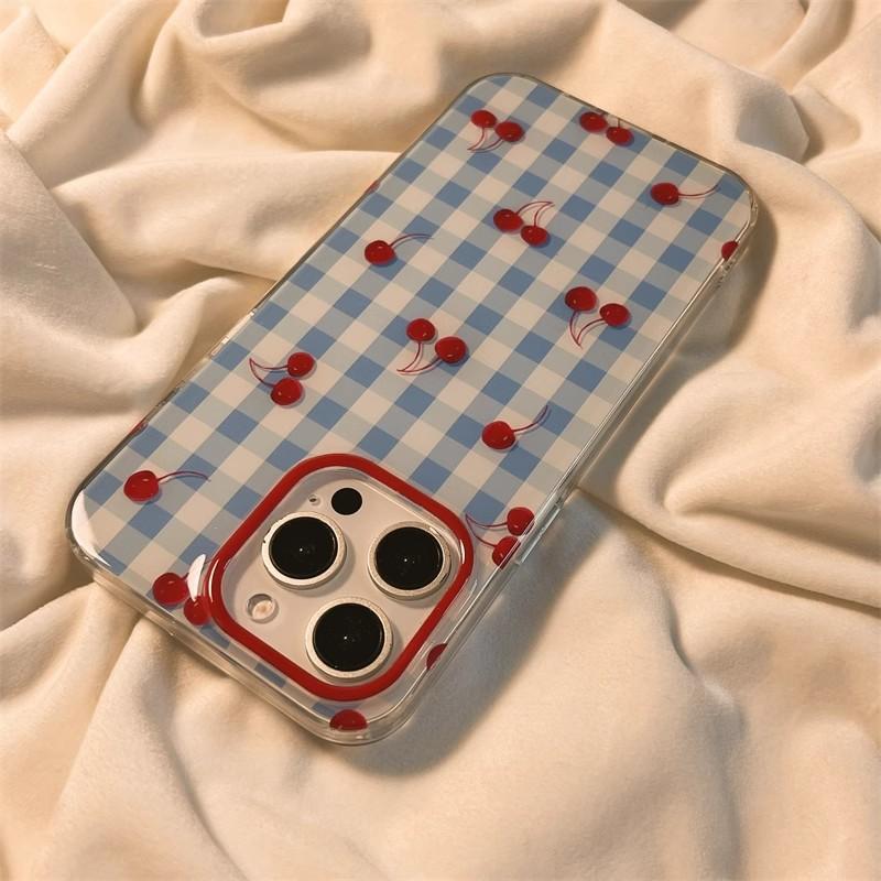 Niche Blue Checked Cherry Phone Case Suitable for Apple 16 15PRO Cartoon Protective Case IPhone14 13