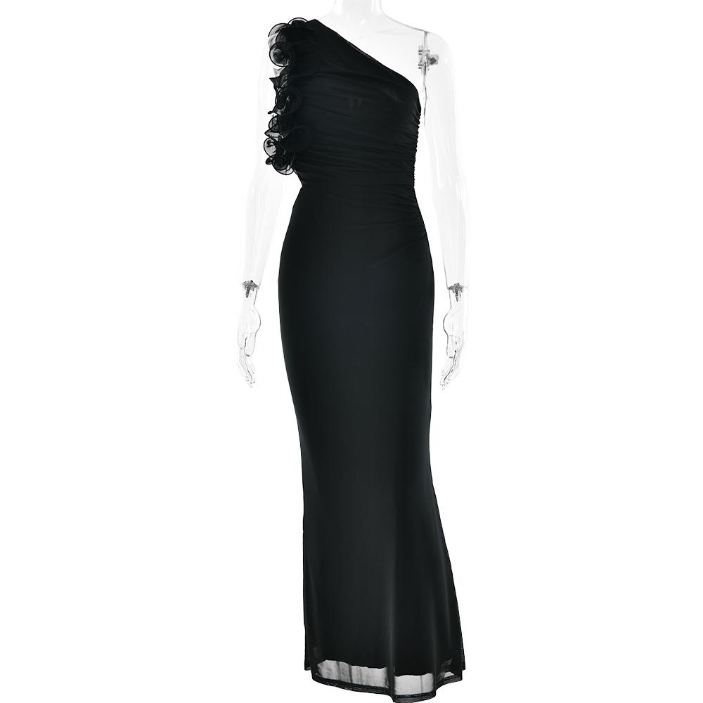 Women s One Shoulder Sleeveless Maxi Dress Slim Fit High Waist Sexy Streetwear Solid Mesh Mermaid Dress S