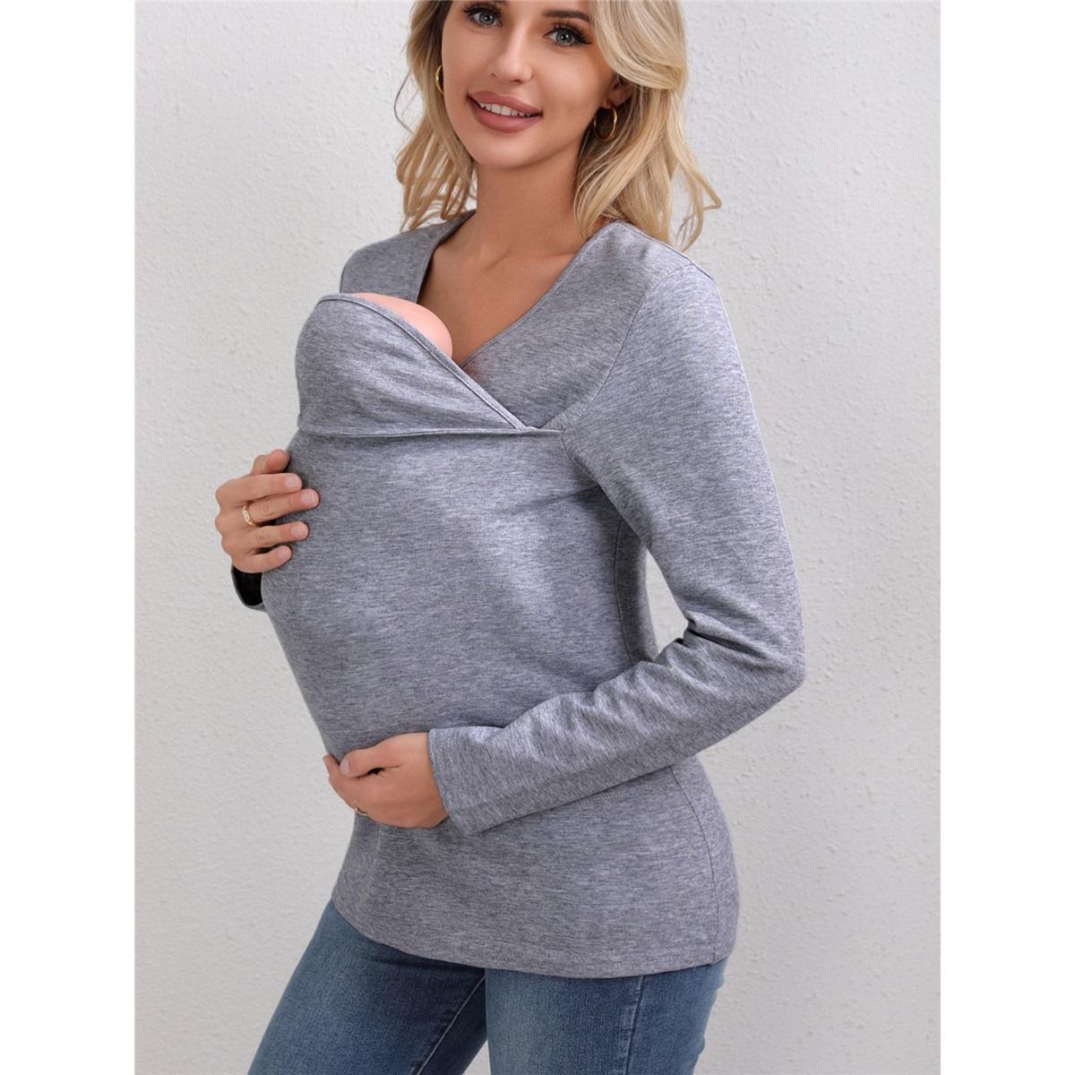 

Женская футболка с длинным рукавом, V-образным вырезом, из чистого хлопка, утолщенная, многофункциональная футболка «Кенгуру-мама» XXXL серый