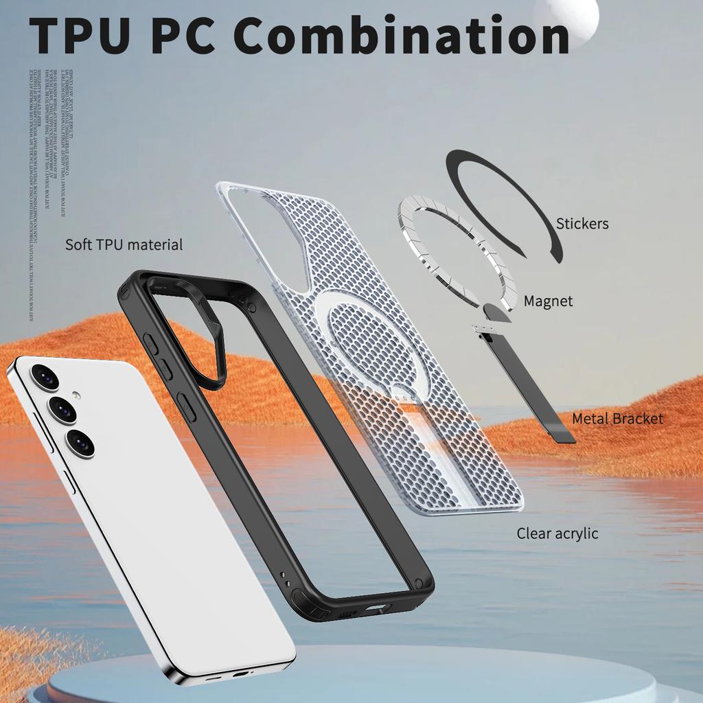 For Samsung Galaxy S25 Magnetic Case Kickstand Grid Texture TPU PC Phone Back Cover