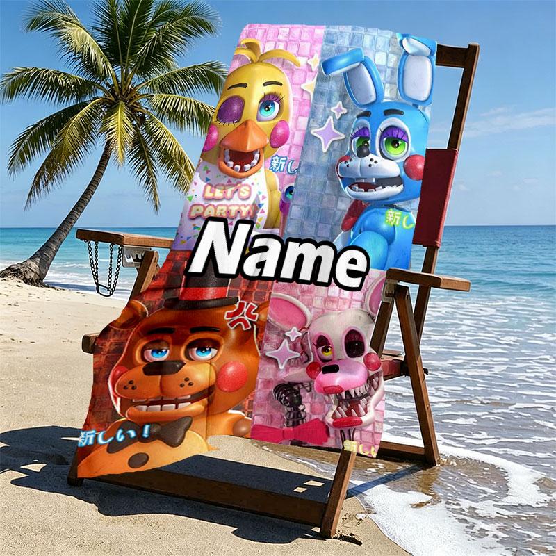 Personalisierter Strandtuch mit individuellem Namen für Five Nights at Freddy's, für Reise Camping Strandparty Heimdekoration, Geburtstagsgeschenk für Familie & Freunde
