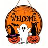 Halloween Wooden Hanging Sign Welcome Door Plaque Wall Decoration with Pumpkin Ghost Black Cat Bat Spider Web Theme for Party Home Craft