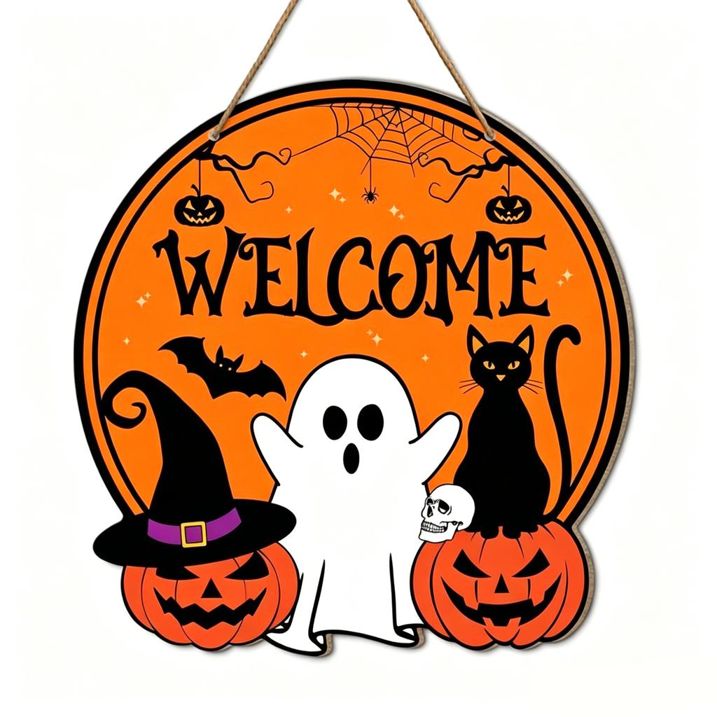 Halloween Wooden Hanging Sign Welcome Door Plaque Wall Decoration with Pumpkin Ghost Black Cat Bat Spider Web Theme for Party Home Craft