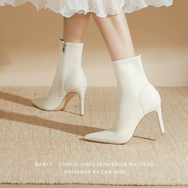 Pointed Toe High Heel Small Booties Women's 2025 New Fall/Winter French Stiletto Heel Mid-Tube Stretch Skinny Boots