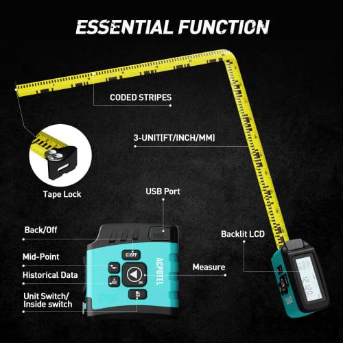 2-in-1 Digital Tape Measure, 16 Feet, with Display, Smart Tape Measure, Pythagoras Mode, Waterproof and Rechargeable, 1/2 Self-Centering, 20 Groups of